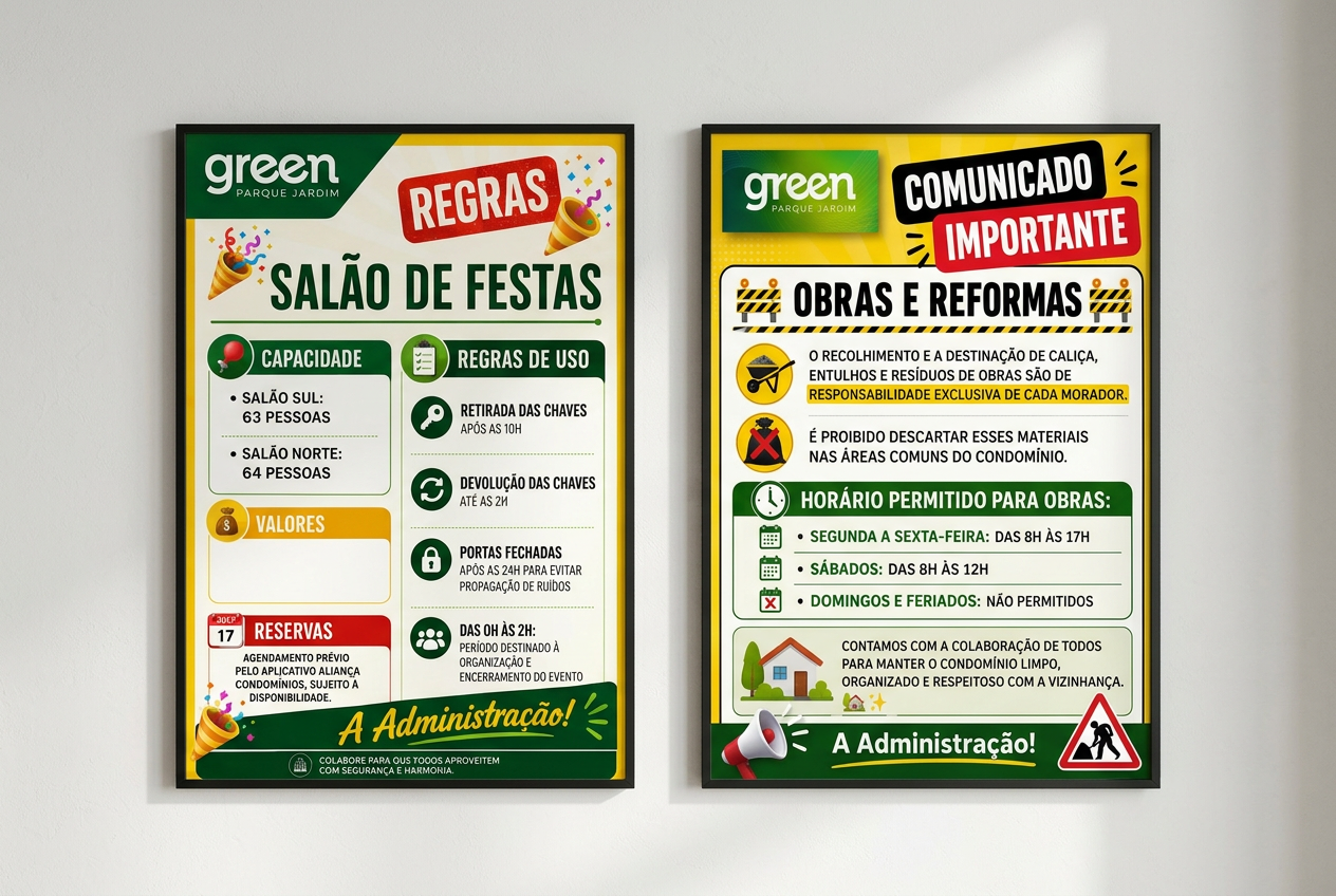 Cartazes do Green Parque Jardim: regras do salão de festas e comunicado de obras